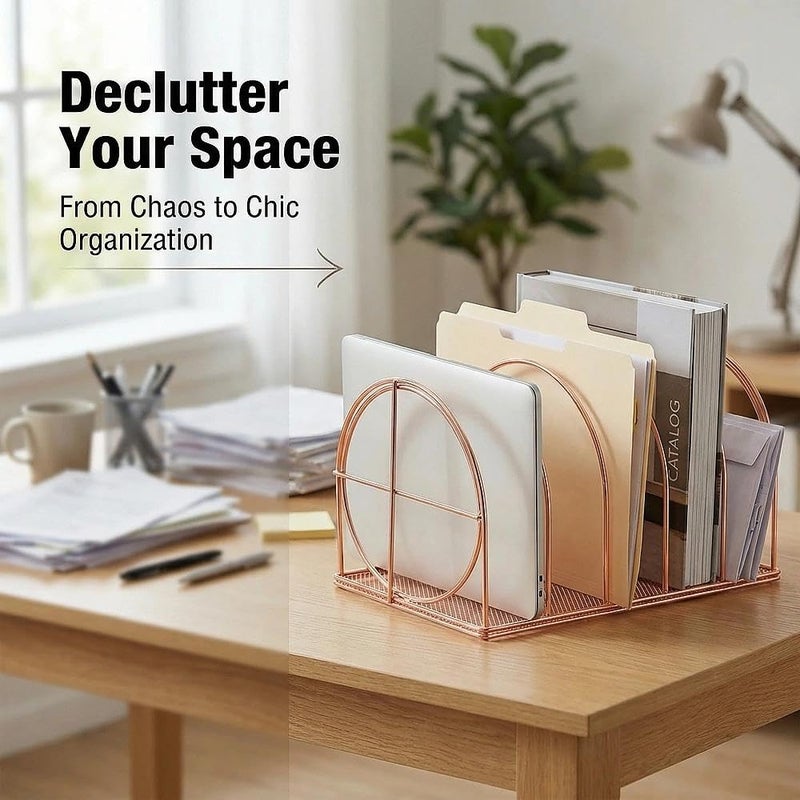 Simmer Stone File Sorter Organizer, 5 Section Magazine Holder Rack, Desktop Round Wire Book Stand for Mail, Paper, Document, Folder, Record and Desk Accessories, Rose Gold - Image 5